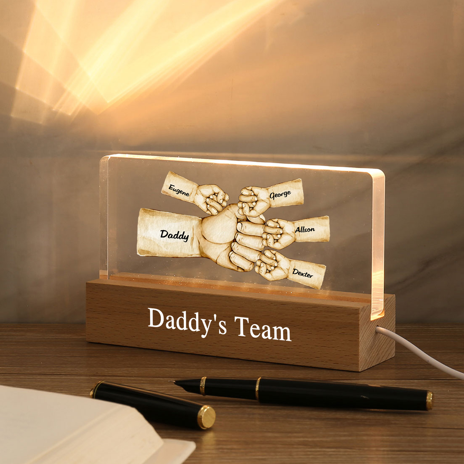 5 Names - Personalised Fist Bump Pattern Table Lamp Customized Text Father's Day Gift for Dad