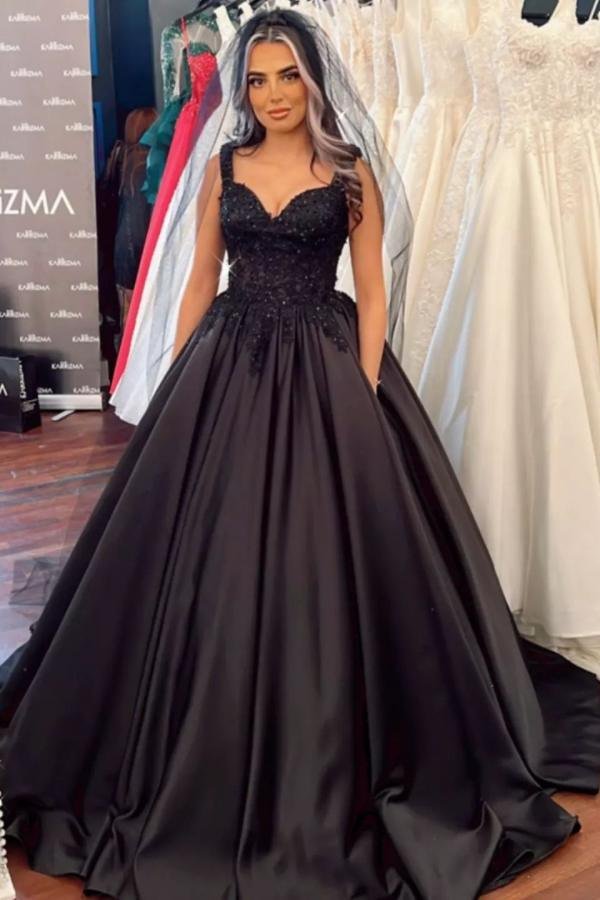 Modern Black Wide Straps Ball Gown Floor-length Sweetheart Wedding Dress With Ruffles Satin | Ballbellas Ballbellas