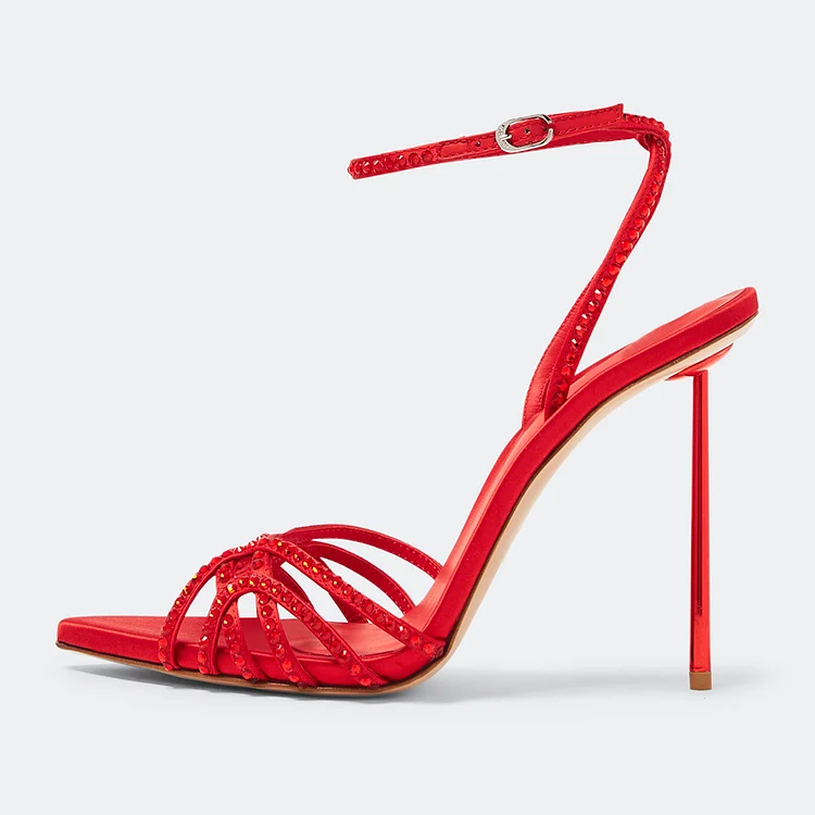 Red Satin Prom Heels Pointed Toe Caged Strappy Rhinestone Sandals |FSJ Shoes