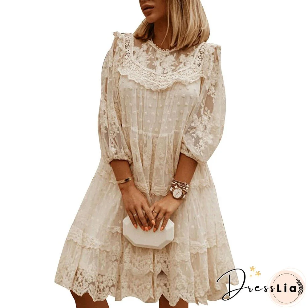 Summer Sexy V-Neck Lace Party Dress Women Elegant Mesh Patchwork Three Quarter Sleeve Dress Spring Ruffle Mini Dress Vestido D30