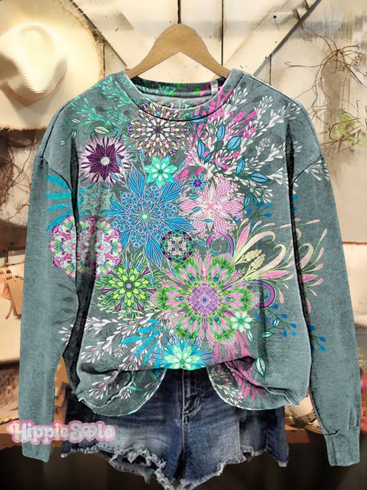 Retro Floral Ethnic Pattern Casual Sweatshirt Multicolor / S