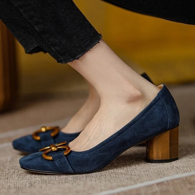 Square Toe Work Shoes Metal Decoration 3.5CM Women&#39;s High Heels 2022 Spring and Autumn New High Quality Fashion Blue