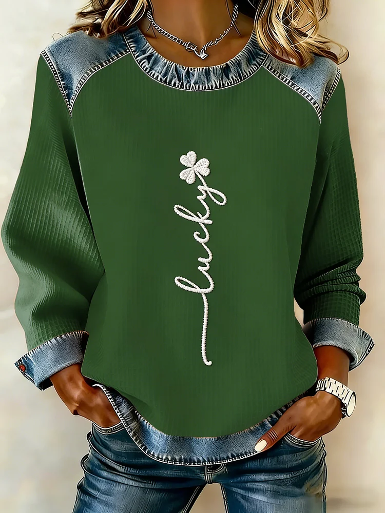 Women's Lucky Clover Round Neck Faux Denim Print Top  socialshop