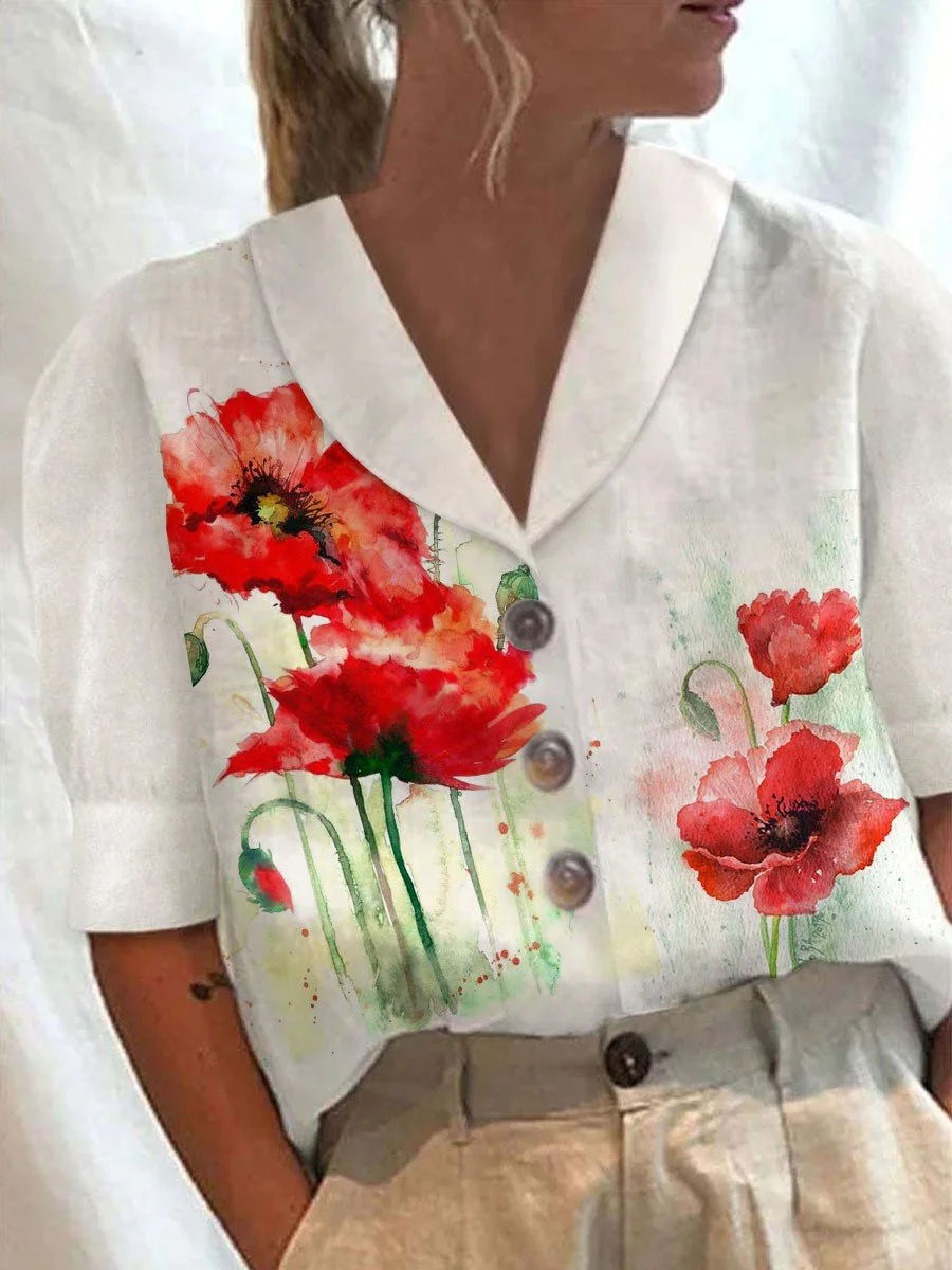Women Retro Floral Print Casual Shirt
