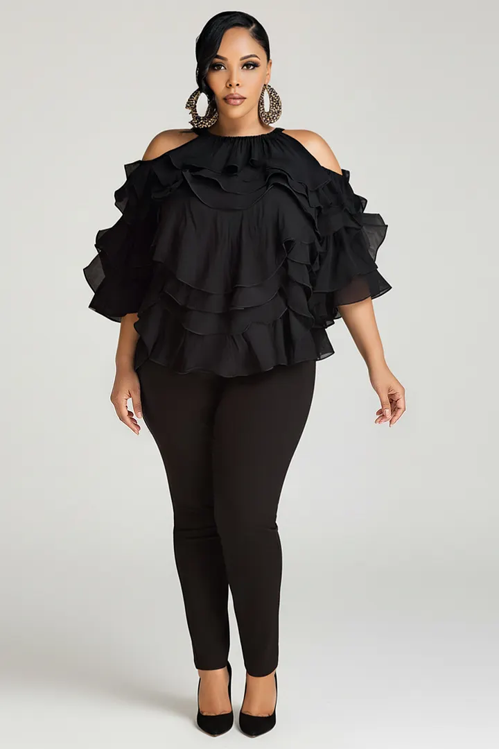 Xpluswear Design Plus Size Daily Black Round Neck Cold Shoulder Short Sleeve Ruffle Tiered Chiffon Blouses 2024 - Xpluswear