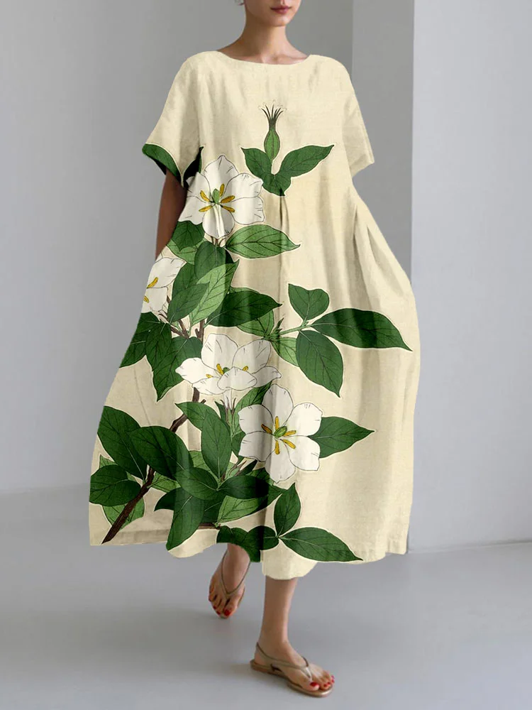 Cape Jasmin Japanese Art Linen Blend Midi Dress