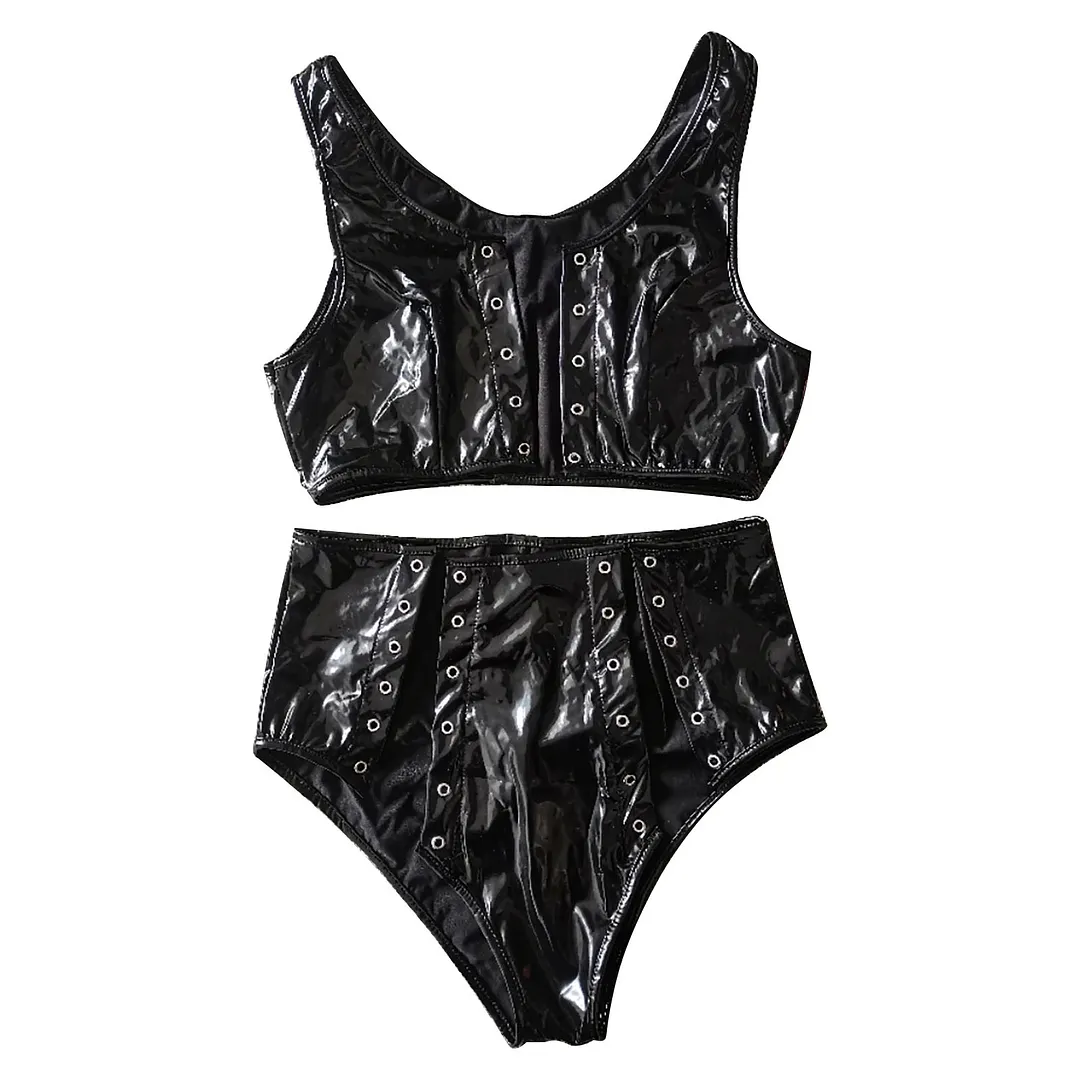 Churchf Sex Lingerie Sexy Women's Black Split Patent Leather String With Two Sets Of Underwear