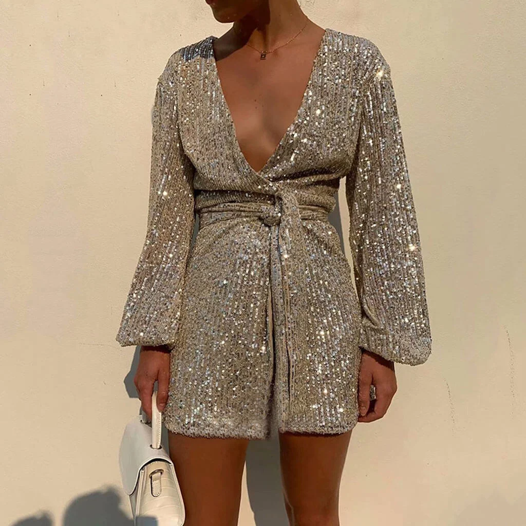 Hottynova Sparkly Sequin V Neck Long Sleeve Wrap Mini Dress - Silver