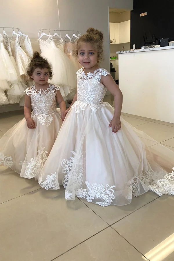 Daisda Sleeveless Jewel A-line Flower Girl Dresses Tulle With Lace Appliques