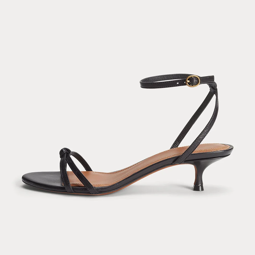 Open Toe Kitten Heel Cross Ankle Strap Knot Black Sandals for Women