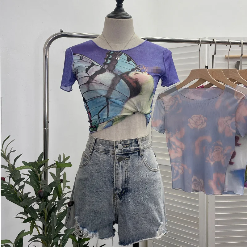 Uveng Single-Layer Thin Mesh Tie-Dye-Repair Short-Sleeved T-Shirt For Girls Summer Short-Sleeved Hottie Top 9917