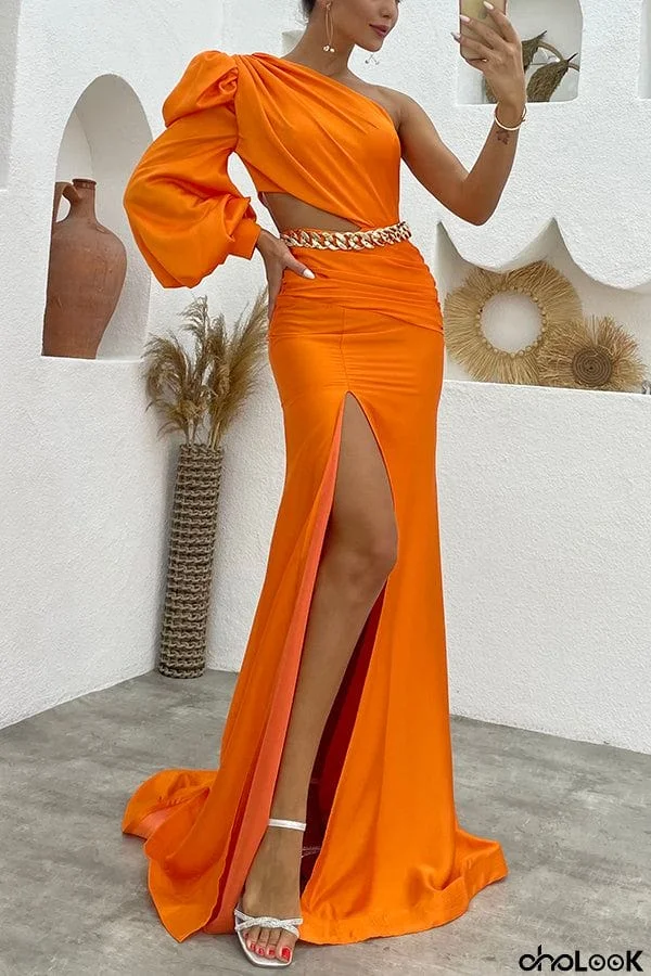Tammy One Shoulder Sleeve Cutout Metal Chain Waist Maxi Dress