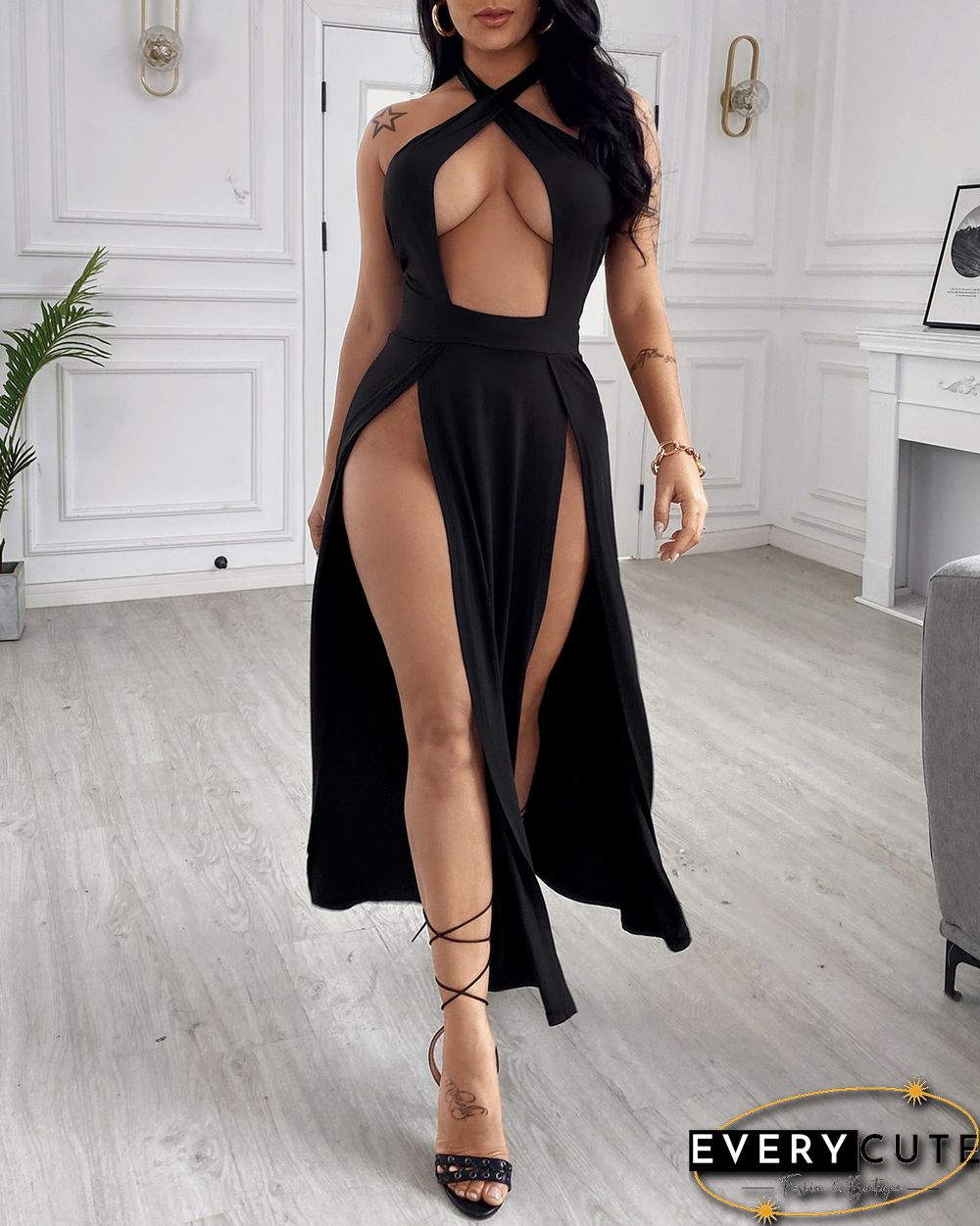 Enchanting Halter Backless Slit Pleated Dress