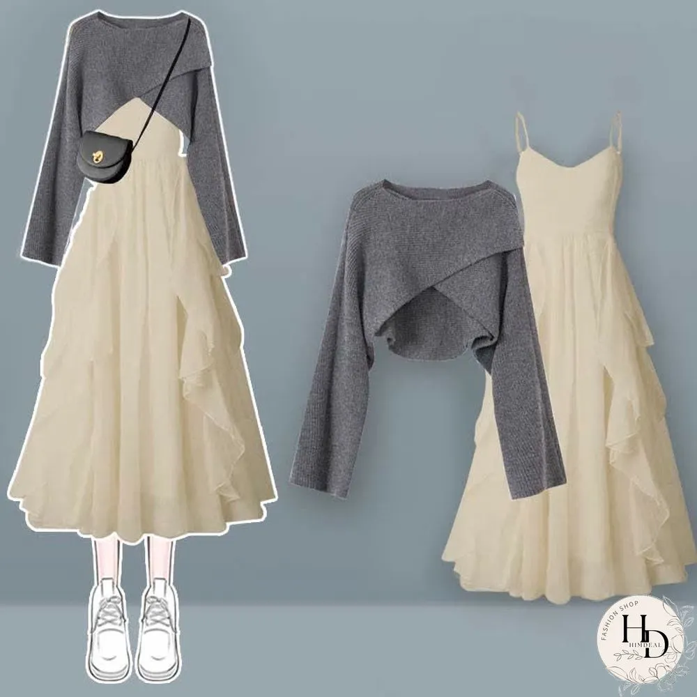 Cross Knit Sweater Flouncing Slip Dress Two Pieces
