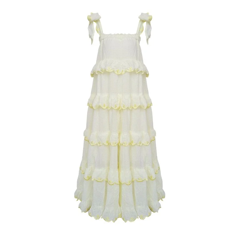 Summer Women's Ruffle Maxi Dress 2021 Retro Ruffles Sleeveless Solid Cake Pleated Dress Pendulum Vacation Loose Strapless Dress
