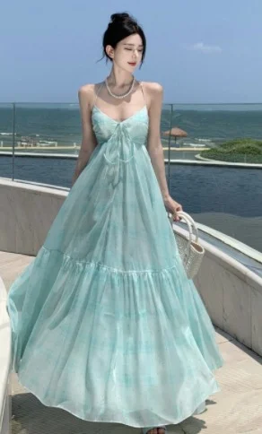 Churchf Churchf Hyacinth Purple Mint Green Neck Pendant Dress Summer Dopamine Seaside Vacation Fairy Dress