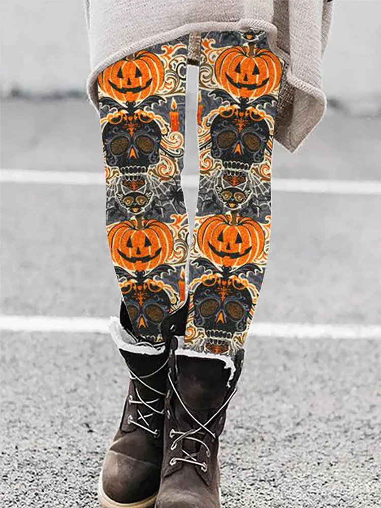 Vintage Pumpkin And Skull Pattern Print Casual Leggings