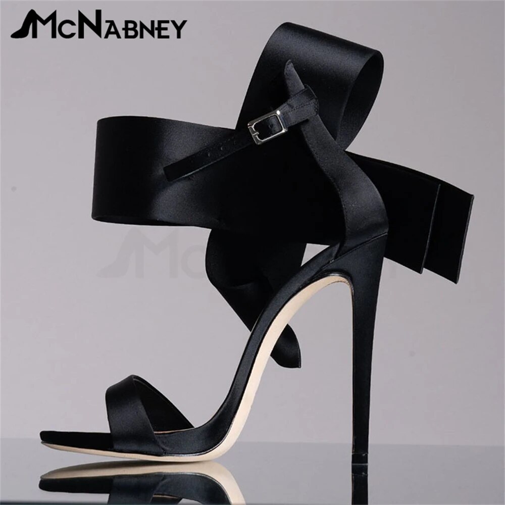 VCshoes Satin Butterfly Knot High Heels Stiletto Pointed Toe Sandals Style Shoes High Heels Shiny Rhinestone Sandals Sale