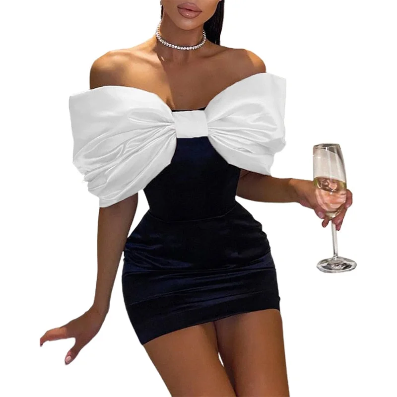 Off Shoulder Big Bowknot Design Skinny Dresses Elegant Women Bodycon Dress For Club Cocktail Party