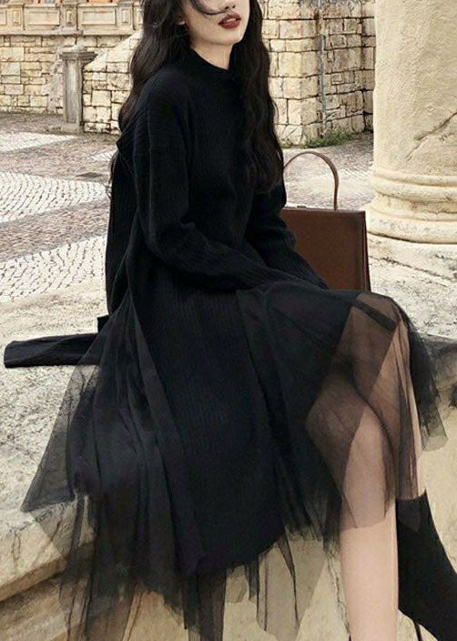 VCSHOES Black Asymmetrical Side Open Knit Sweater And Tulle Skirt Two Pieces Set Spring