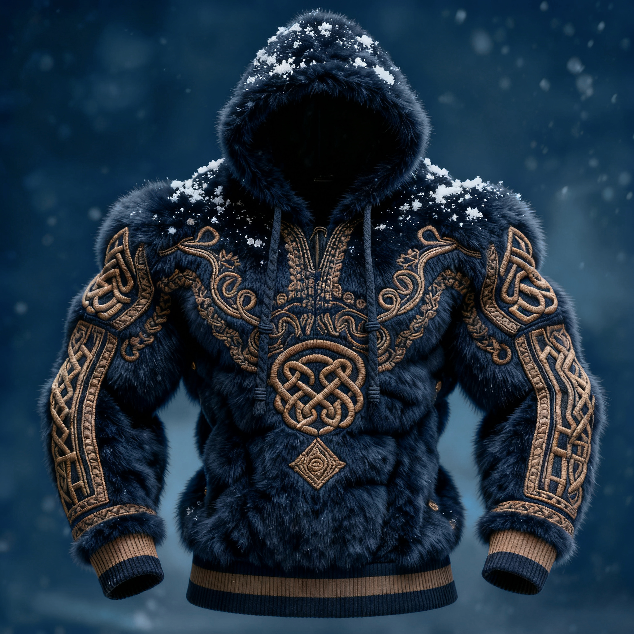 Men's Viking Tribal Jacquard Art Inspired Muscle Line Art Plush Warm Hoodie elevenforest