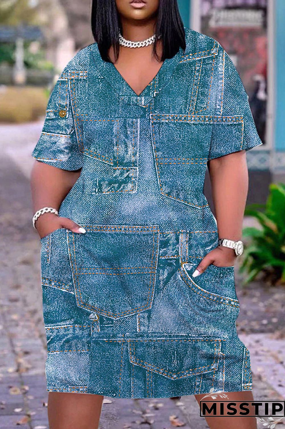 Navy Blue Casual Print Patchwork V Neck Short Sleeve Dress