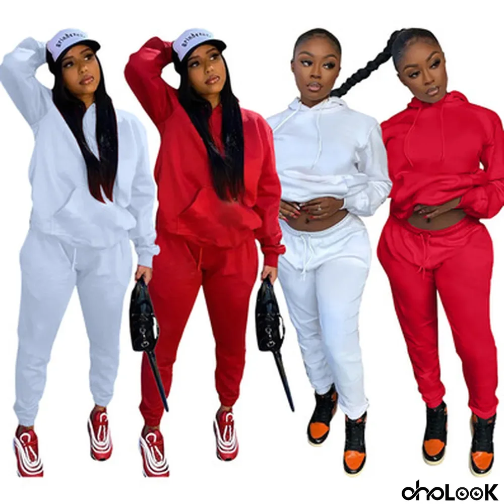 Pure Color Thick Casual Hooded Sweater Suit