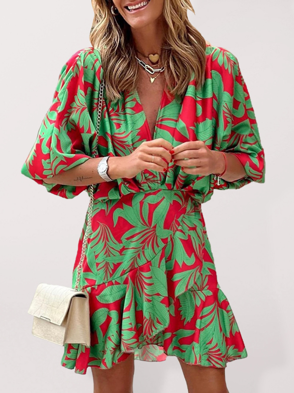 Mature Women Casual Summer Printed Deep V Puff Sleeves Elegant Lotus Leaf Dress