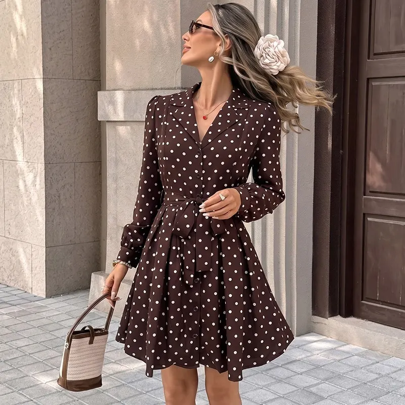 Women Lapel Polka Dot Shirt Dress