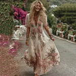 Women's Vintage Pink Rose Floral Embroidery Art Comfy Linen Maxi Dress - Image 2