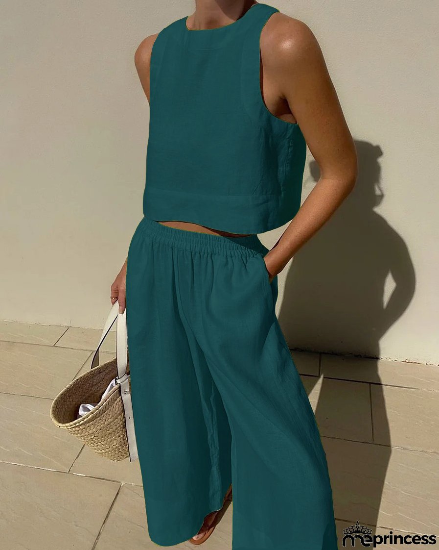 Women's Casual Set Loose Solid Color Sleeveless Shirt and Wide Leg Trousers Two-Piece Set