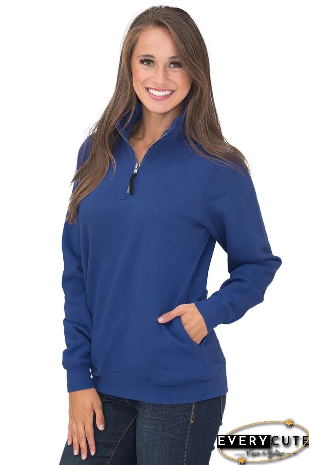 Dark Blue Pocket Style Quarter Zip Sweatshirt