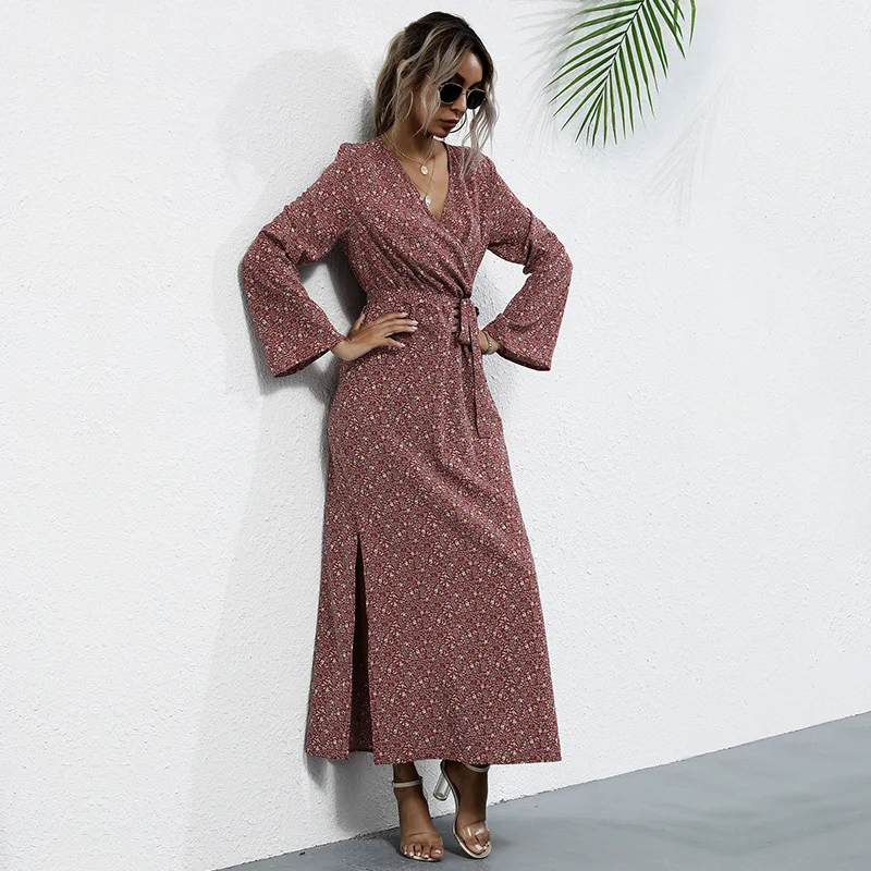 Vintage womenswear print split long sleeves nipped-in waist dress
