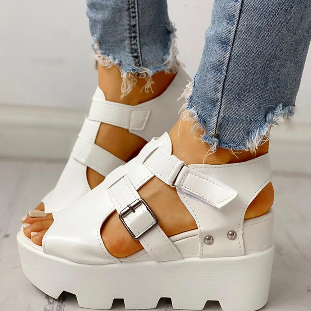2021 Summer Sandals Women Wedges Black White Casual Designer Shoes Footwear Buckle Strap Open Toe Platform Sandel Women Shoes
