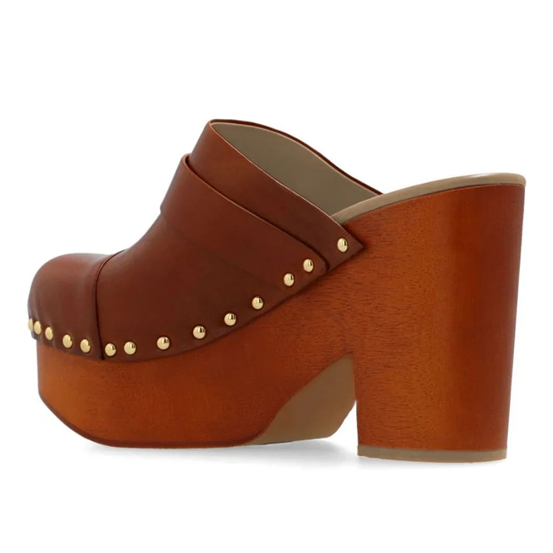 Brown Rivet Studded Buckle Strap Platform Block Heel Mules Shoes