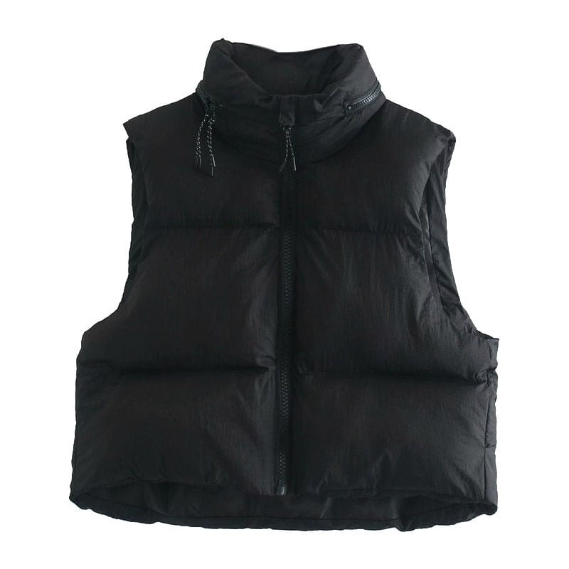 TRAF Women Fashion Hooded Hidden Inside Cropped Padded Waistcoat Vintage Sleeveless Zip-up Female Outerwear Chic Tops