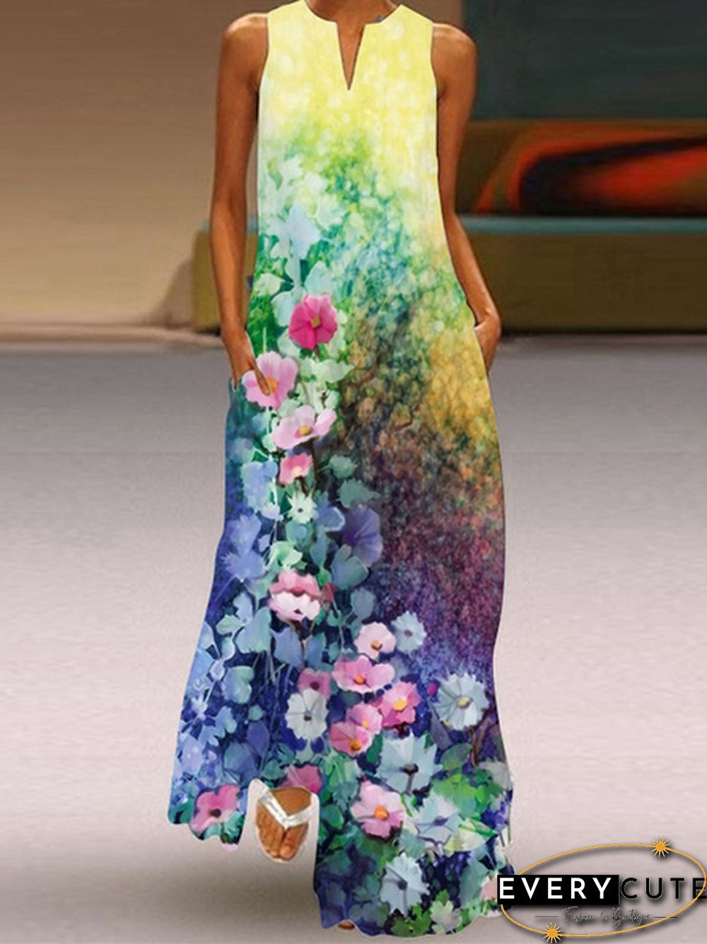 Casual Womens Fashion Sleeveless V-Neck Colorful Dress Vest Long Maxi Plus Size Beach