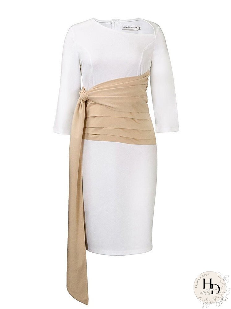 Dresses Slanted Neck Tie 3/4 Sleeve Slim Fit Dress for Women