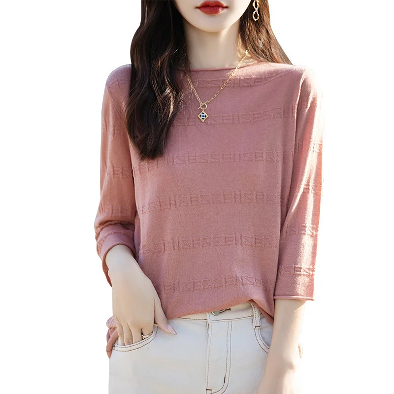 Churchf Churchf And Summer Thin Round Collar Jacquard Wool Knit T-Shirt Women's Seven Minute Sleeve Solid Color Bottom Sweater Middle Sleeve Cashmere Top