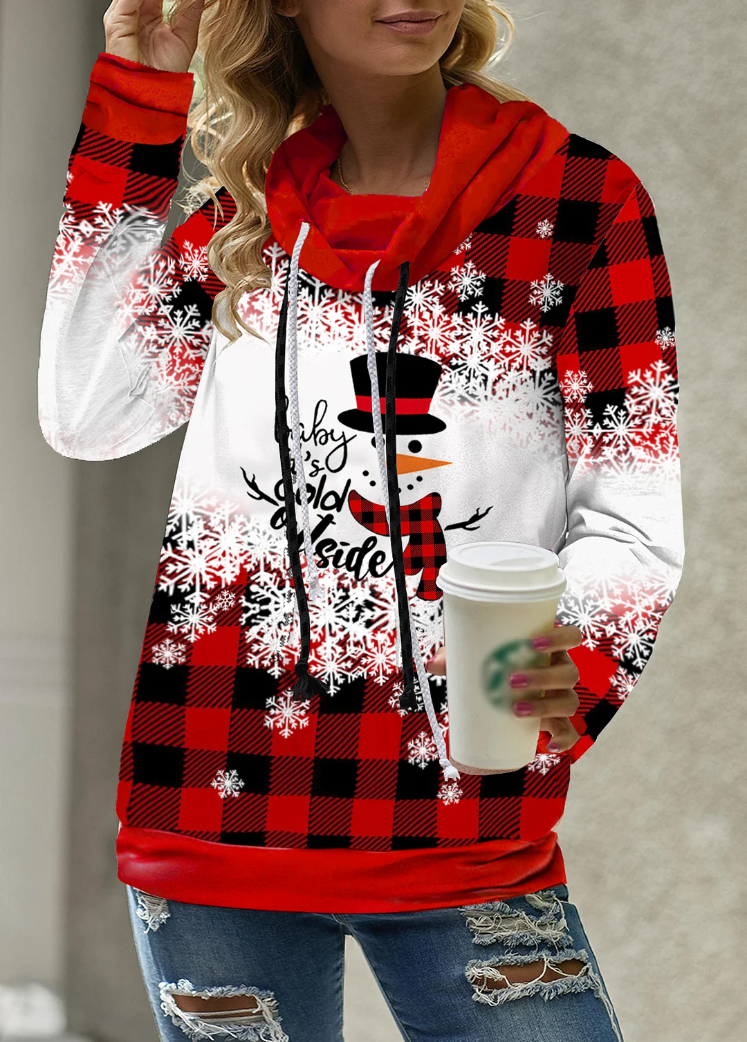 Classic Christmas Snowman Snowflake Patterns Drawstring Sweatshirt
