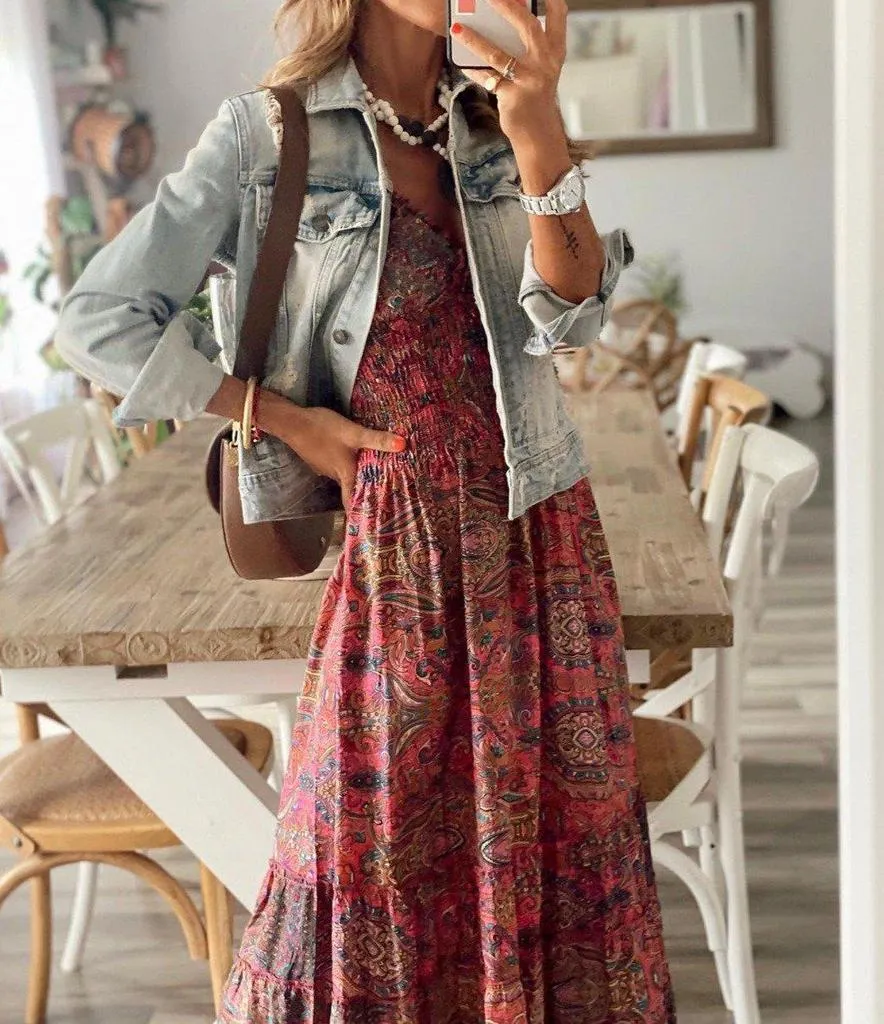 Vintage Print Short Sleeve Maxi Dress-vocosishoes