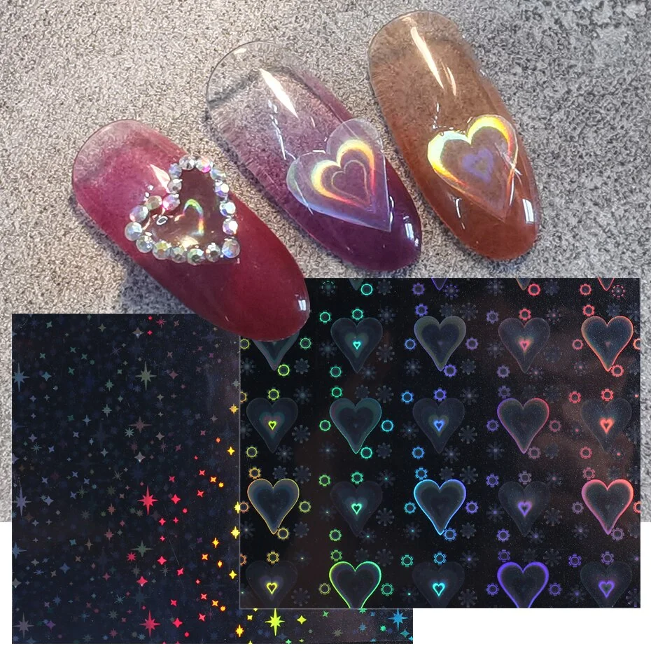 Applyw Aurora Heart Star Nail Stickers Holographic Sci-fi Love Gem Designs 3D New Year Sliders For Nails Diary Decoration BE1982