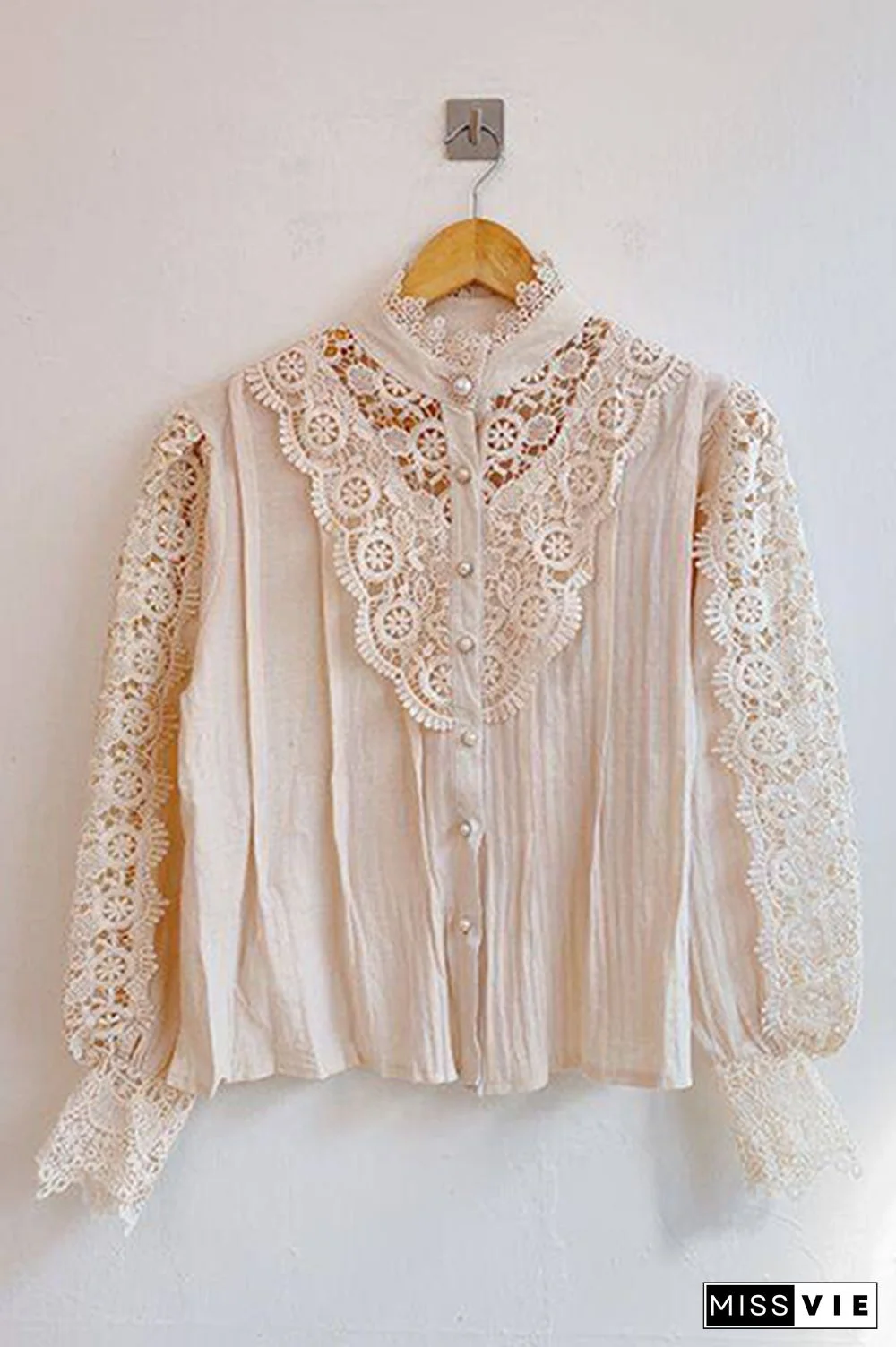 Elegant Patchwork Lace Hollowed Out Buckle Mandarin Collar Blouses(3 Colors)