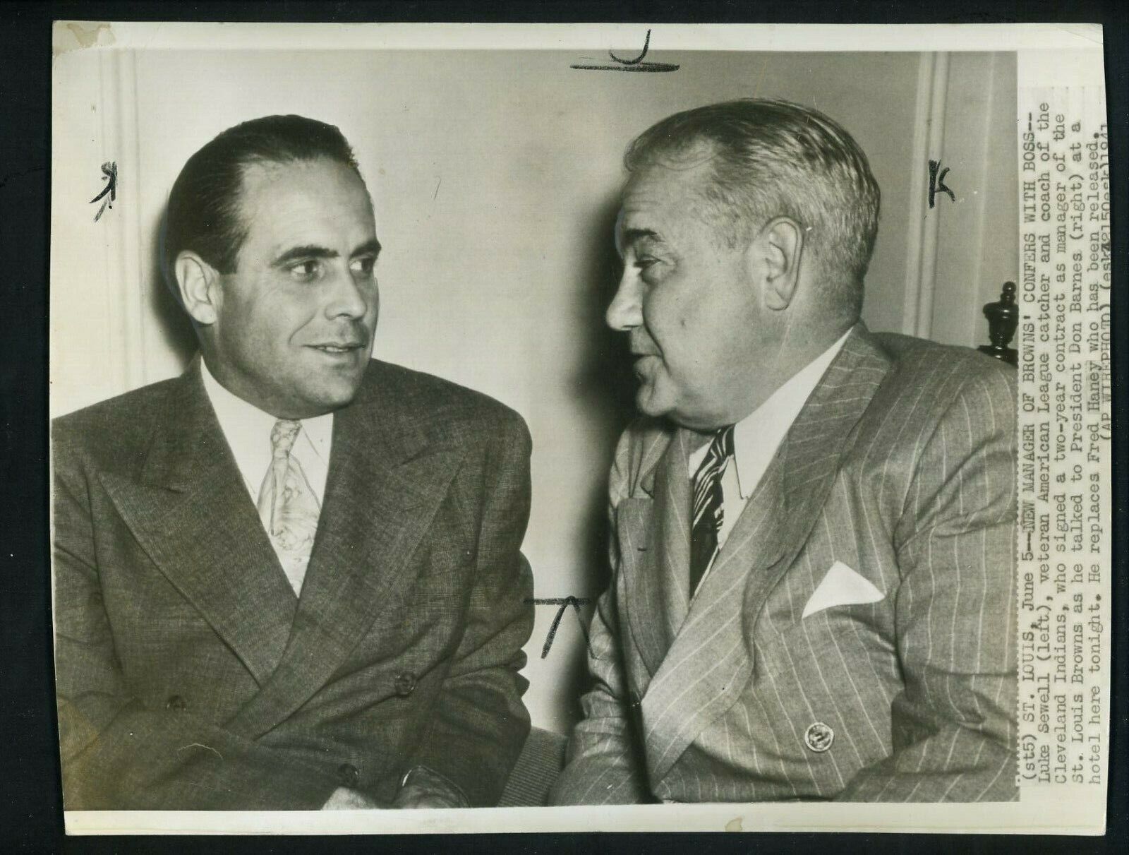 Luke Sewell & Don Barnes 1941 Press Photo Poster painting St. Louis Browns