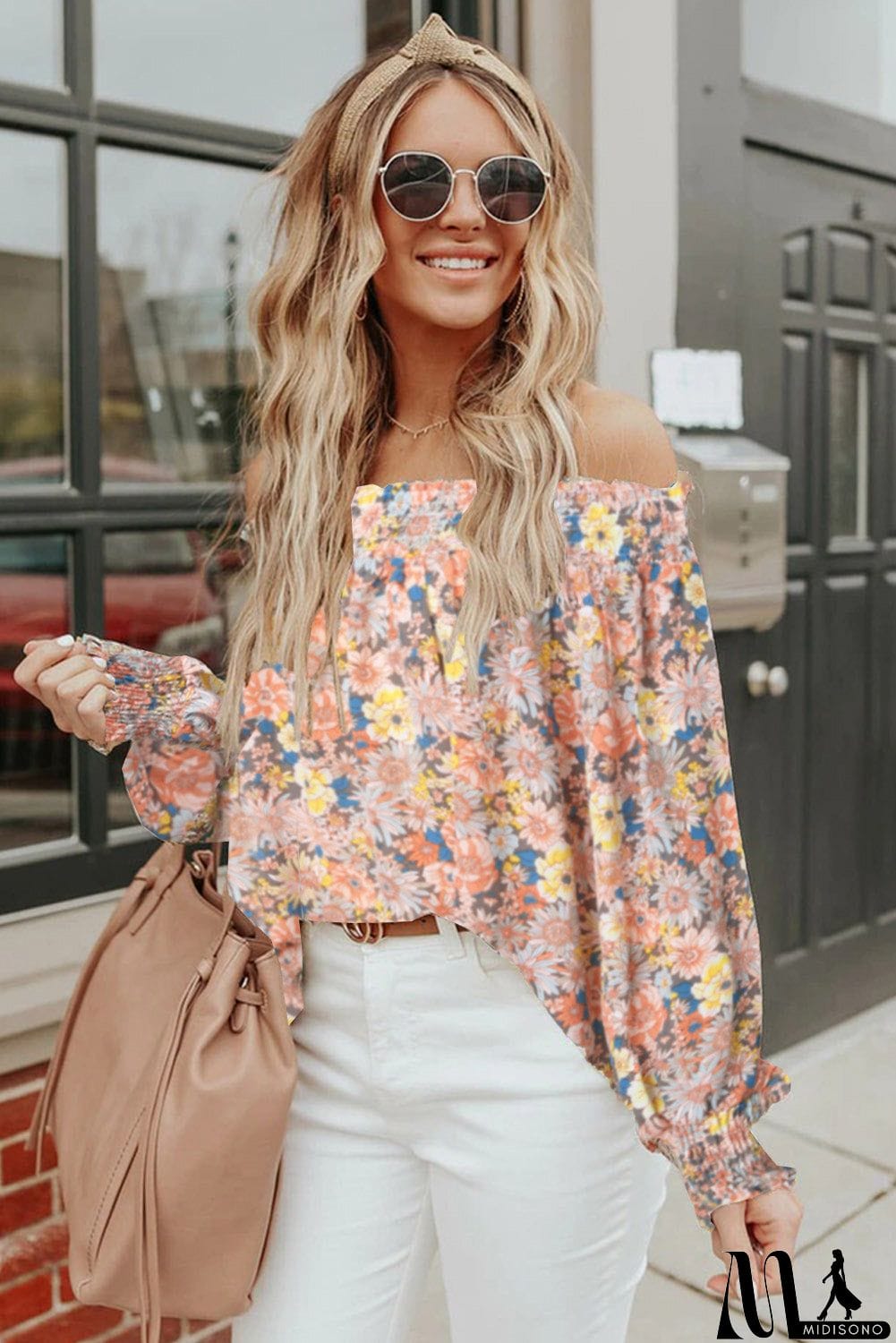 MidiSono - Off The Shoulder Smocked Floral Top