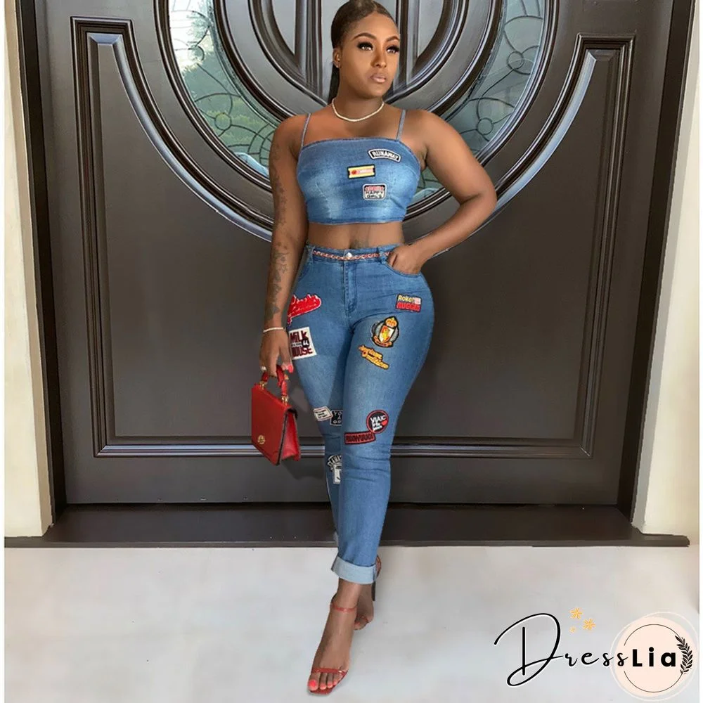 Sexy Cartoon Patch Flanged Chest Wrap Jeans Two-piece Set