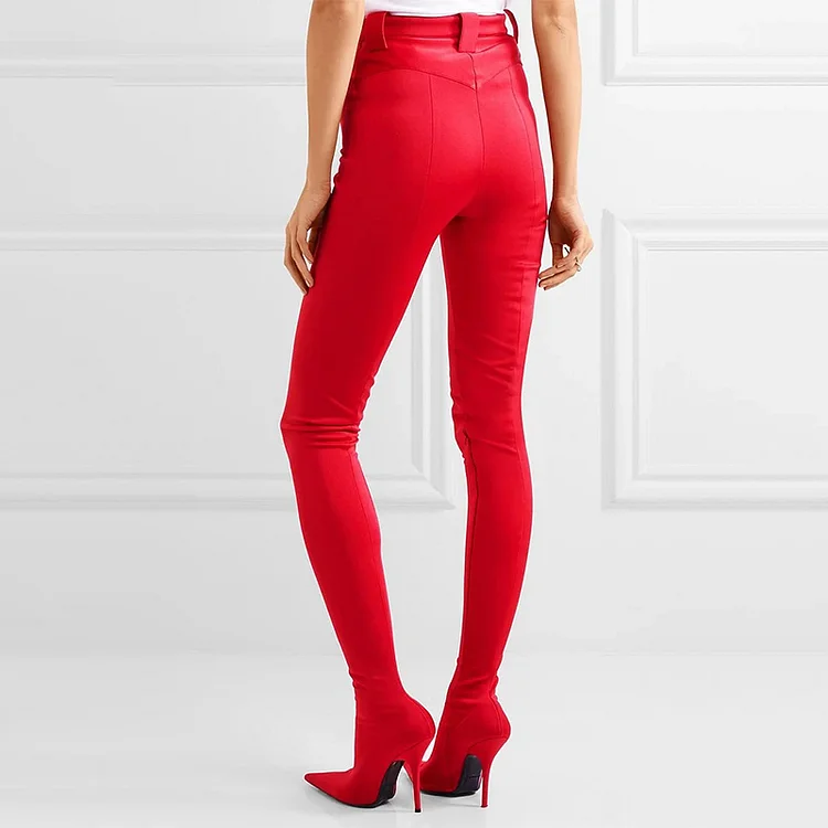Red Fashion Pant Boots Sexy Stiletto Heels Satin Legging Boots