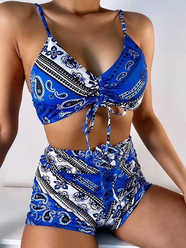Floral Sleeveless V-Neck Drawstring Bralette High-Waisted Briefs Bikini Swimwear