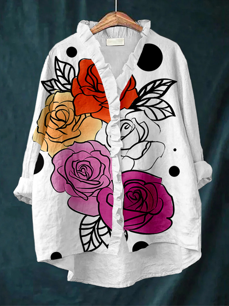 Comstylish Lesbian Pride Flag Flowers Ruffle Trim Linen Blouse