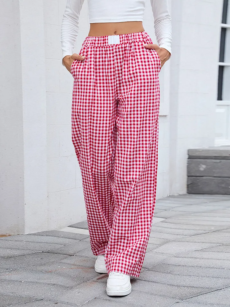 Elasticated Waist High Waisted Contrast Color Plaid Pockets Split-Joint Pants Trousers